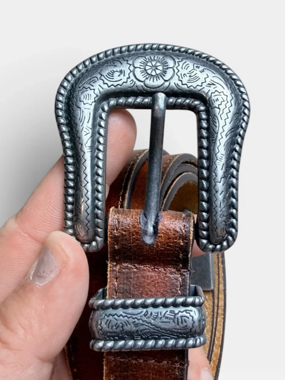 Brown leather Belt with Ornate Silver Buckle Floral Engraving Size Large